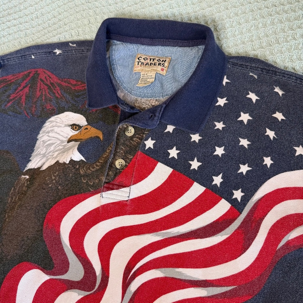 Vintage Cotton Traders USA Polo Shirt Men Large American Flag Bald Eagle Novelty